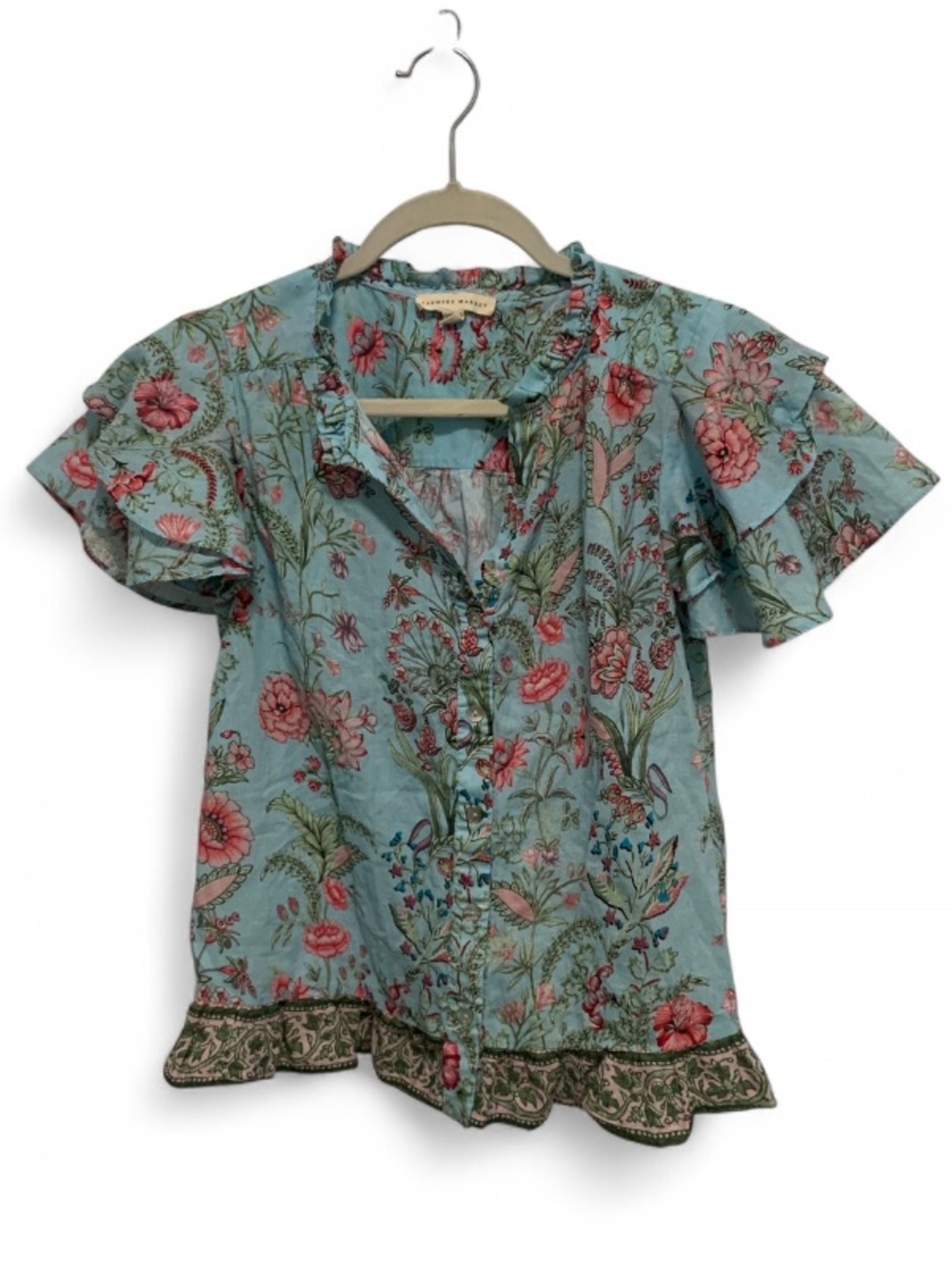 Farmers Market Floral Ruffle Button-Front Top in Light Blue